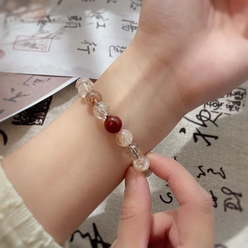 Natural Stone Red Rutilated Quartz Crystal Beaded Bracelet New Chinese Ethnic Geometric Designer Style