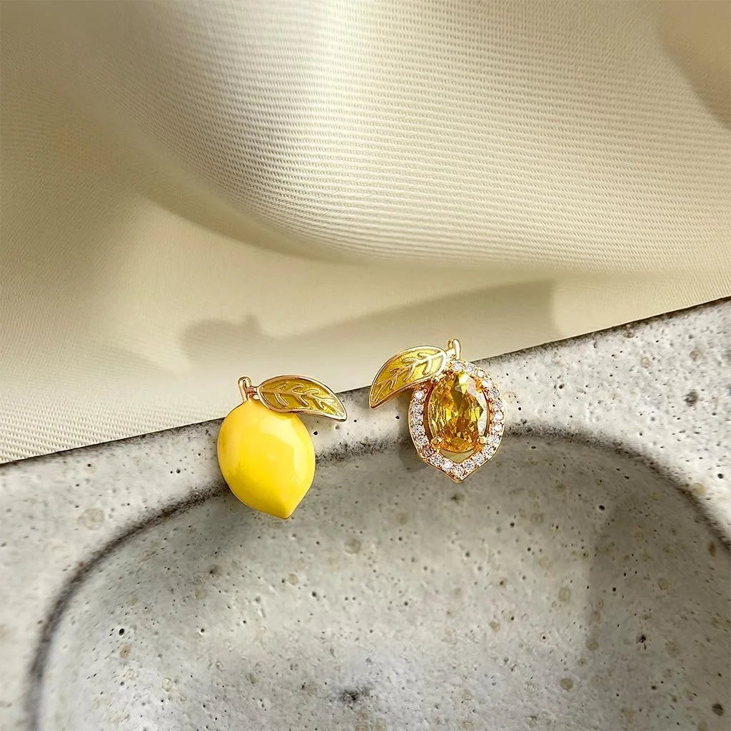 Summer Lemon Asymmetric Stud Earrings With Silver-Plated Pins, Micro Pave Zircon And Hand-Enamel Fruit Design
