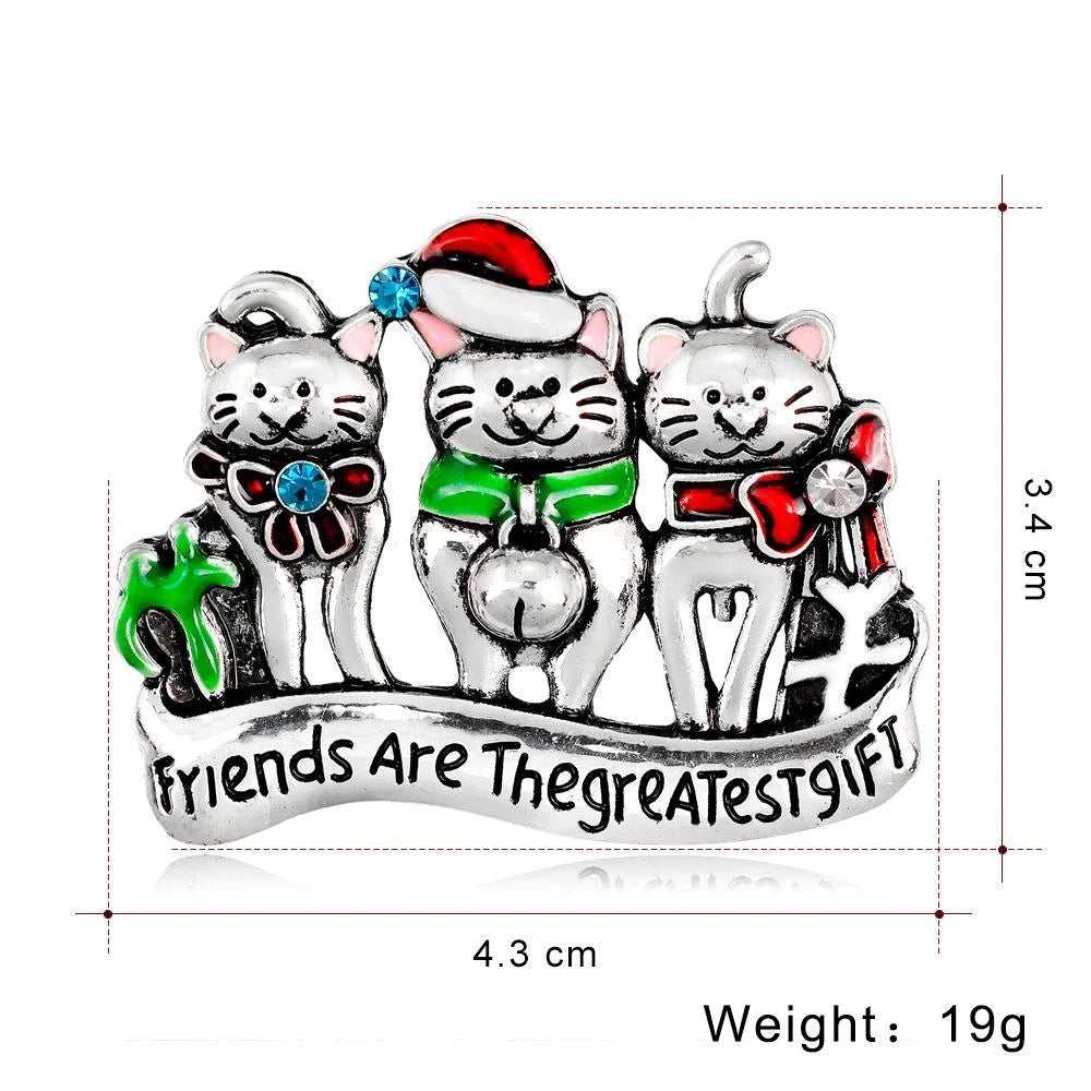 Cute Christmas Three Cats Alloy Enamel Rhinestone Brooch, Vintage Women's Lapel Pin Suit Accessory Gift