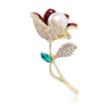Elegant Tulip Flower Brooch With Pearl, Red Enamel And Rhinestone Petals, Luxury Lapel Pin Corsage Gift