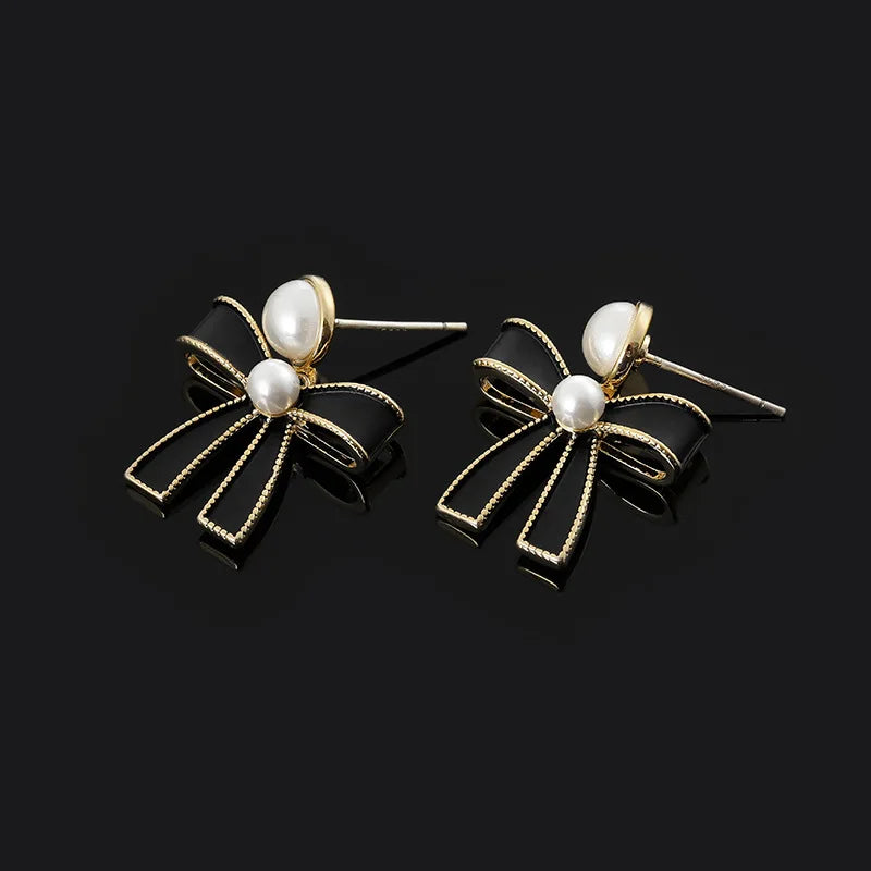 Vintage Black Ribbon Bow Faux Pearl Gold Tone Alloy Stud & Clip On No Piercing Statement Drop Earrings
