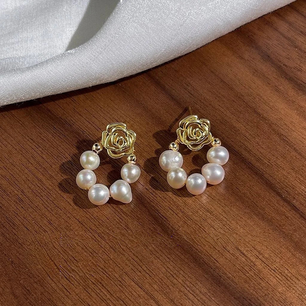 Handmade 14K Gold Plated Copper Rose Stud Earrings With Freshwater Pearl Forest Style