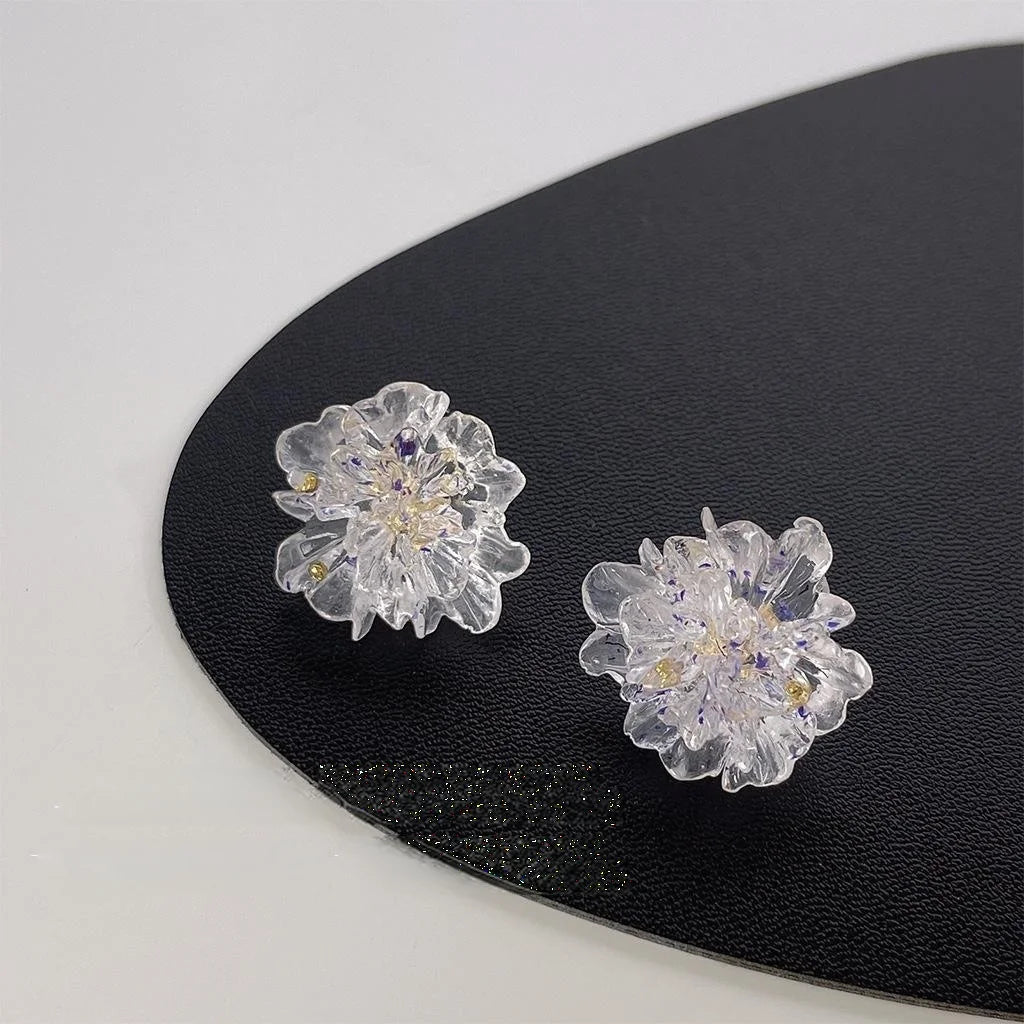 Transparent 3D Resin Flower Stud Earrings With Gold Foil Fresh Spring Summer Jewelry