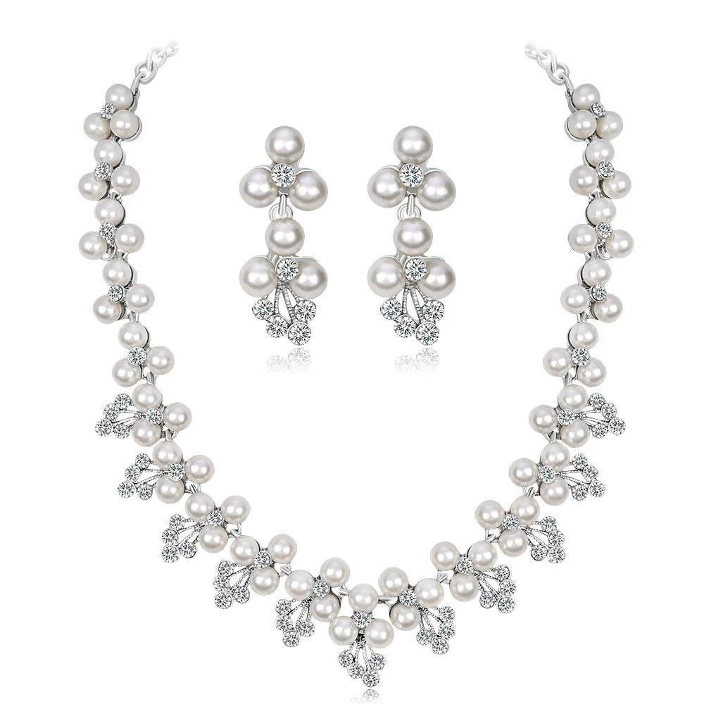 Elegant Pearl Rhinestone Flower Necklace Earrings Jewelry Set For Bridal Wedding Party Gift