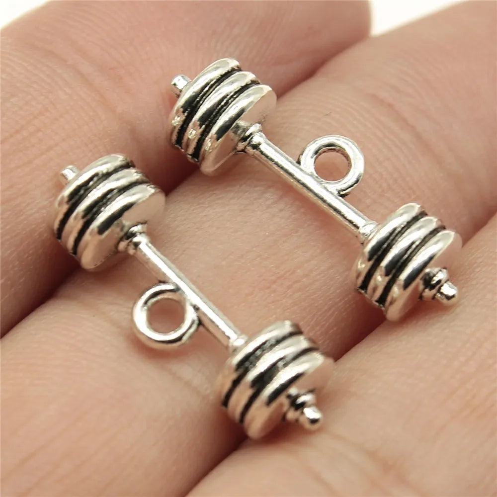 25x7x7mm 2.8g Antique Silver Zinc Alloy Barbell Charm Pendant for Sports Theme DIY Jewelry Making