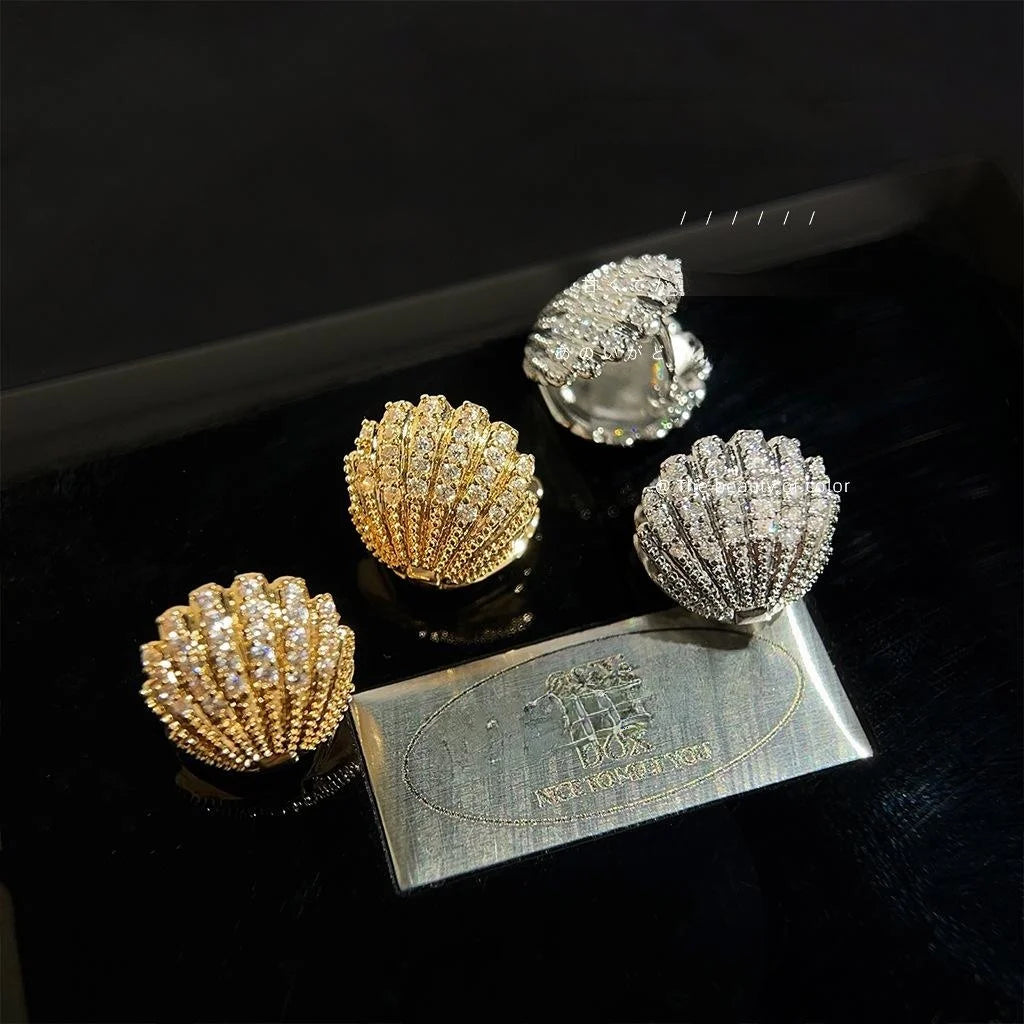 Light Luxury Copper Shell Stud Earrings With Micro Pave Zircon Geometric Banquet Fashion Jewelry