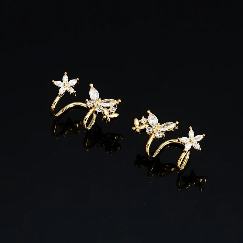 Elegant Gold Alloy Micro Pave Zircon Butterfly Flower Ear Cuff Stud & Clip On No Piercing Earrings