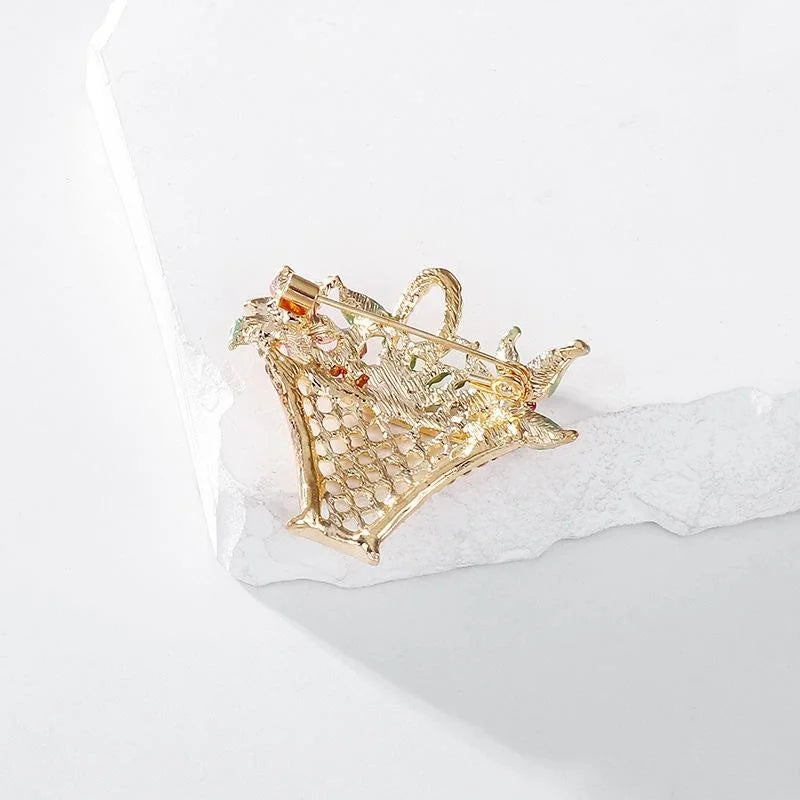 Elegant Hollow Flower Basket Brooch With Enamel Leaves And Rhinestones, Women's Lapel Pin Gift