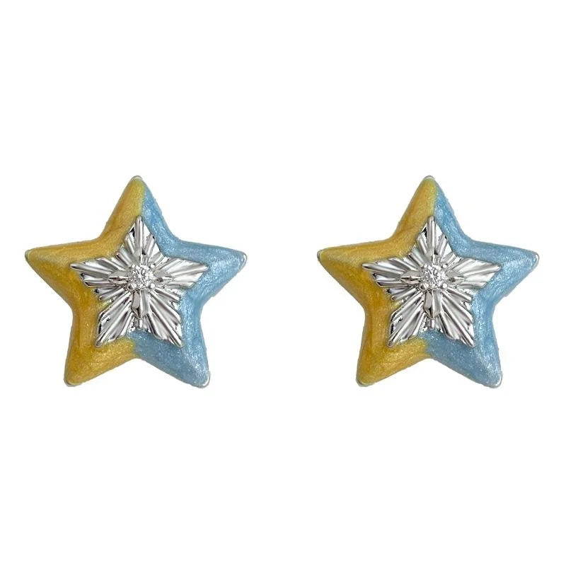 Hand Painted Star Stud Earrings Eco Friendly Copper With Silver Plated Pins Sweet Girl Style