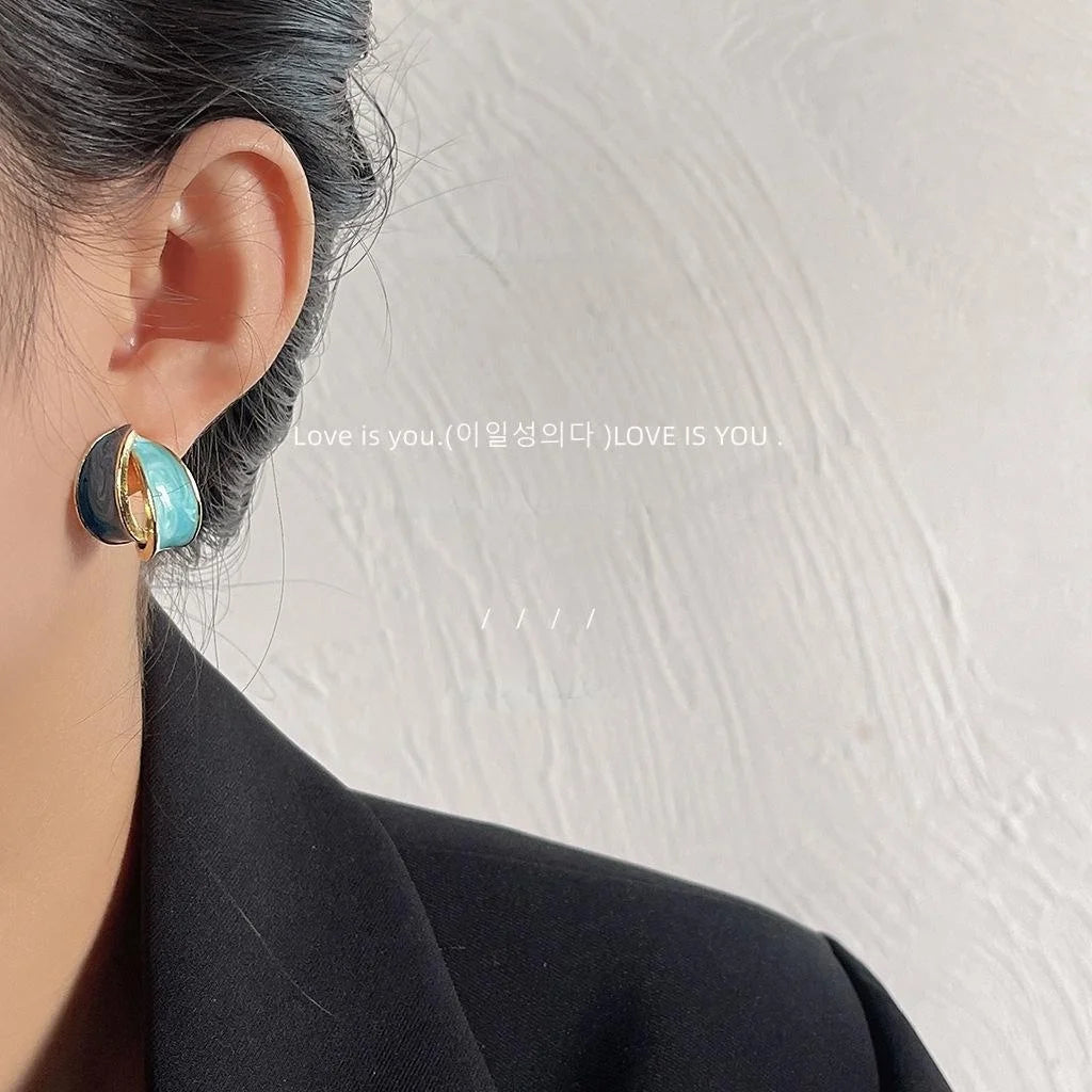 Premium 14K Plated Copper Klein Blue Oval Geometric Cross Stud Earrings