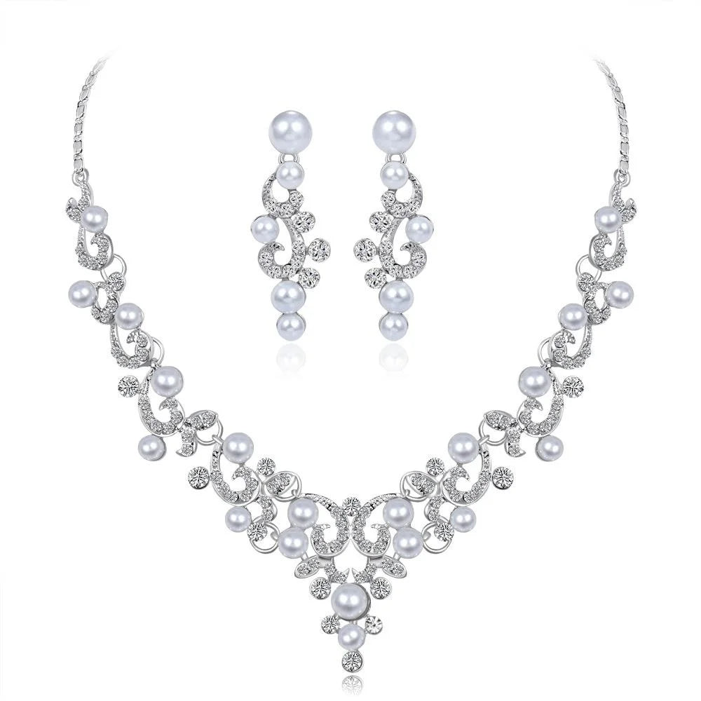 Elegant Bridal Pearl Rhinestone Alloy Necklace Earrings Jewelry Set For Wedding Party Banquet Gift