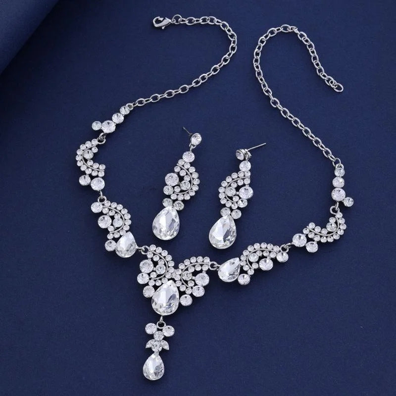 Luxury Blue Crystal Rhinestone Teardrop Necklace And Earrings Jewelry Set For Bridal Wedding Party Gift