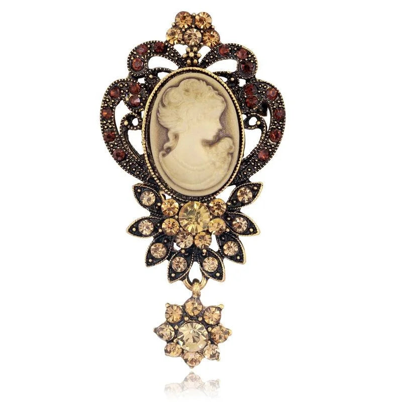 Vintage Beauty Cameo Portrait Alloy Rhinestone Hollow Brooch, Elegant Women's Lapel Pin Suit Accessory