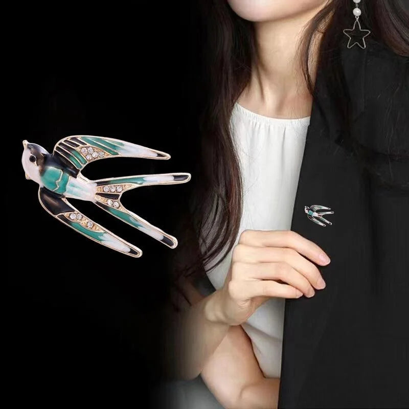Elegant Enamel Swallow Bird Brooch With Rhinestone Accents, Gold Tone Alloy Lapel Pin Corsage Gift