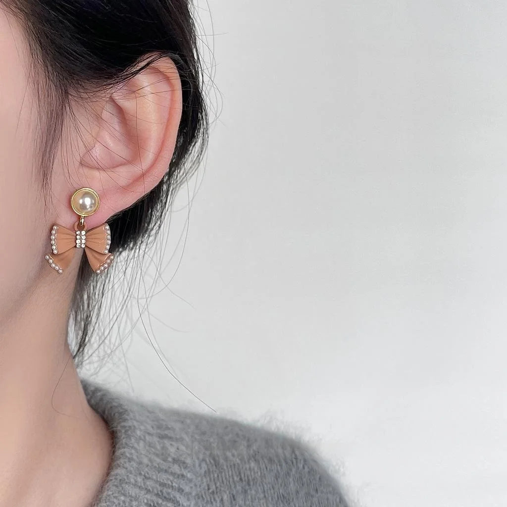 Princess Style Pink Pearl Bow Drop Earrings Copper Handmade Knot Elegant Cute Jewelry
