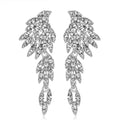 Luxury Rhinestone Crystal Leaf Tassel Drop Earrings, Silver Alloy Bridal Statement Jewelry For Wedding Party