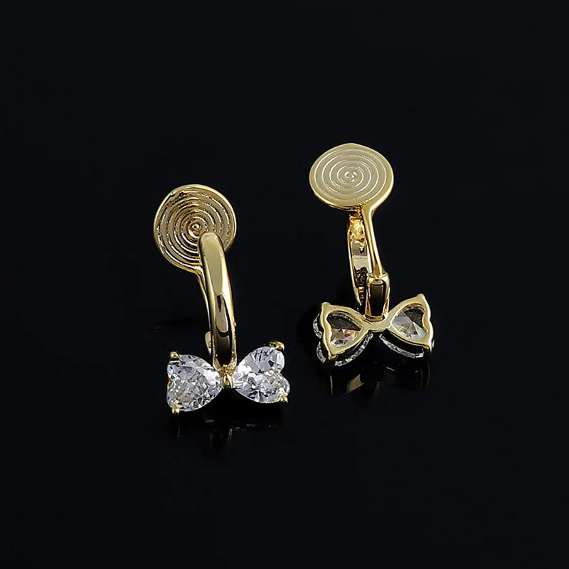 Elegant Gold Alloy Zircon Bow Hoop With Spiral Disc Stud & Clip On No Piercing Women's Fashion Earrings