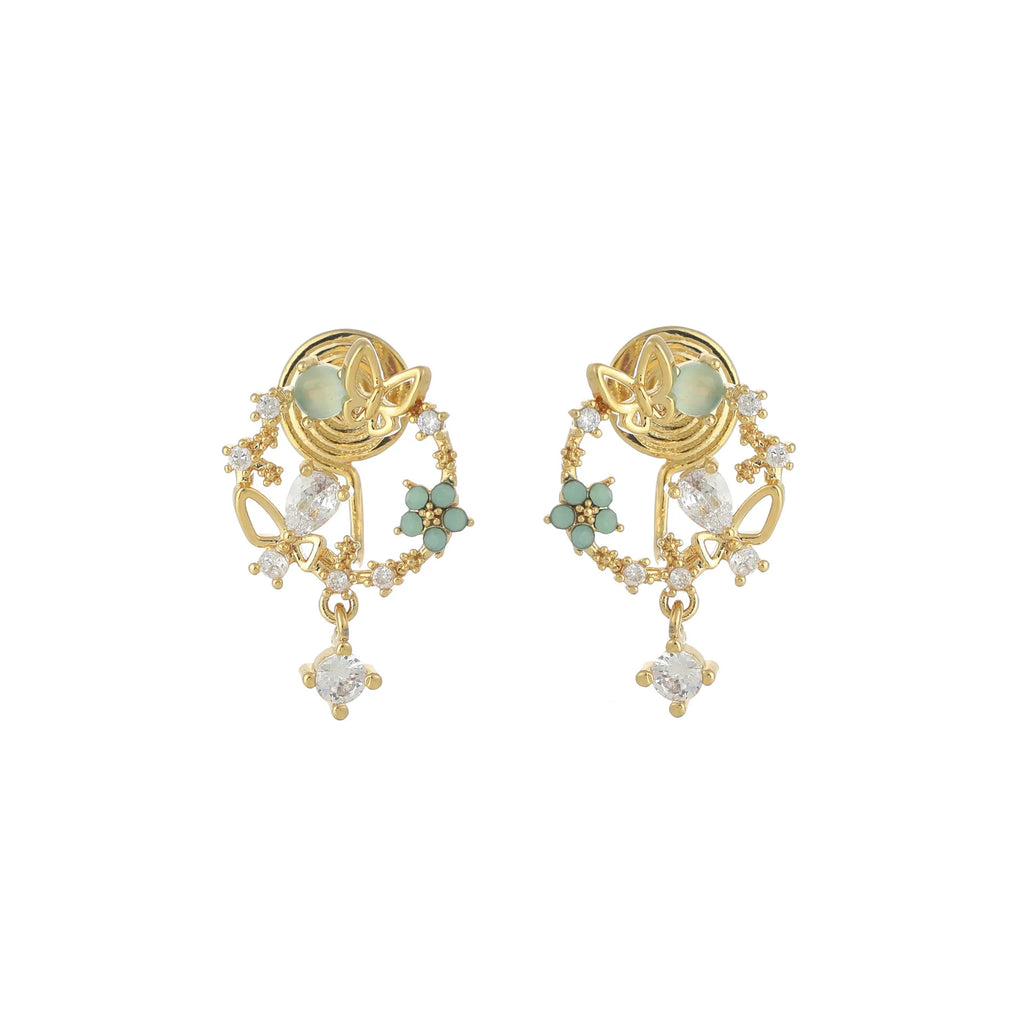 Elegant Green Floral Wreath Butterfly Zircon Alloy Stud & Clip On No Piercing Dangle Earrings