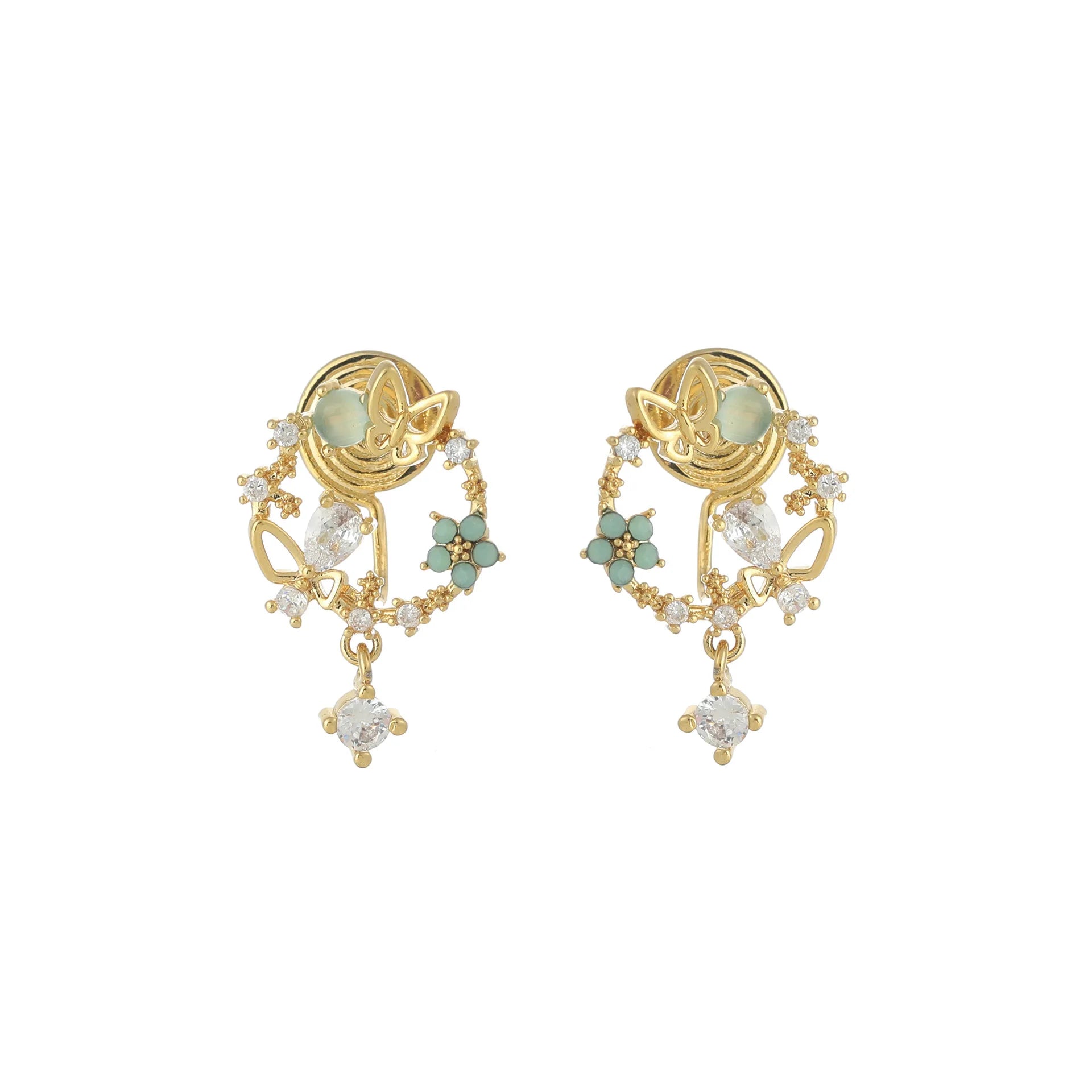 Elegant Green Floral Wreath Butterfly Zircon Alloy Stud & Clip On No Piercing Dangle Earrings