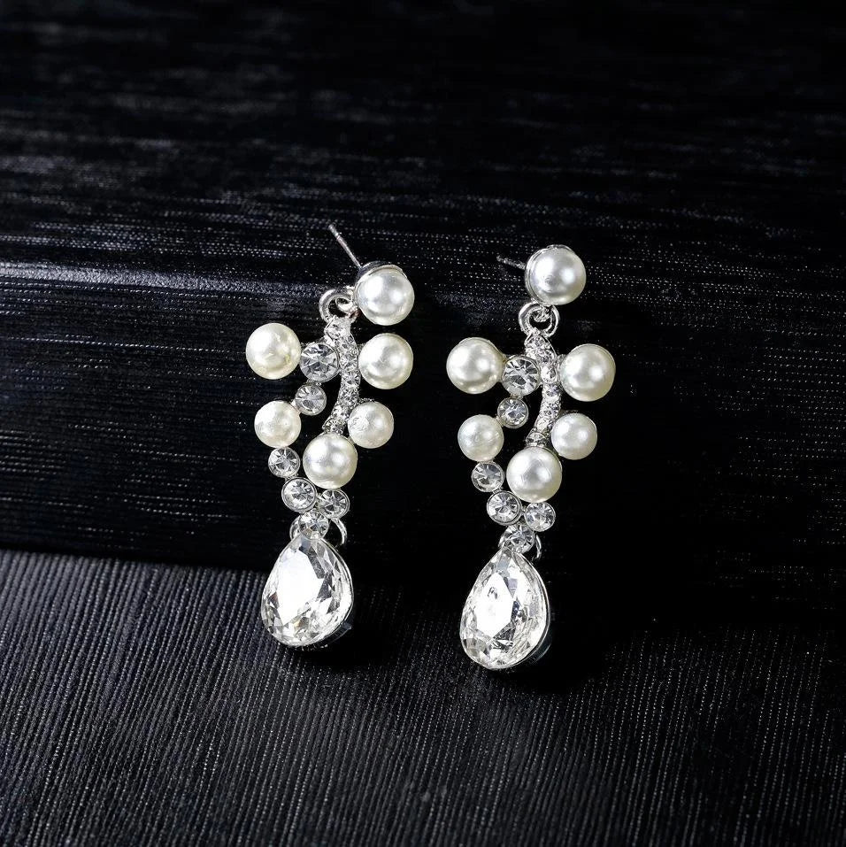 Elegant Bridal Pearl Rhinestone Crystal Drop Earrings And Necklace Jewelry Set For Wedding Party Banquet Gift