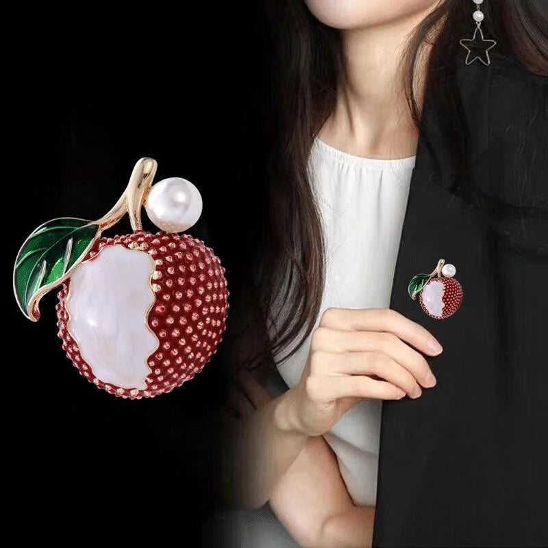 Cute Enamel Lychee Fruit Brooch With Pearl Accent Alloy Rhinestone Lapel Pin Corsage Suit Bag Accessory Gift