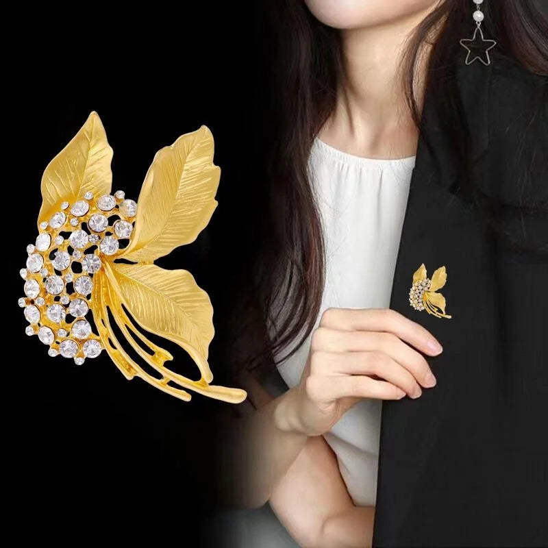 Elegant Gold Alloy Leaf Flower Brooch With Clear Rhinestones, Women's Lapel Pin Corsage Gift