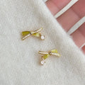 Copper 14K Plated Enamel Bow Stud Earrings With Zircon Micro Pave Sweet Girl Style
