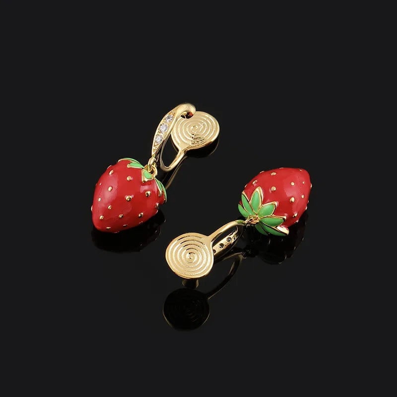 Sweet Cute Enamel Strawberry Alloy Zircon Luxury Long Drop Stud & Clip On No Piercing Fruit Earrings