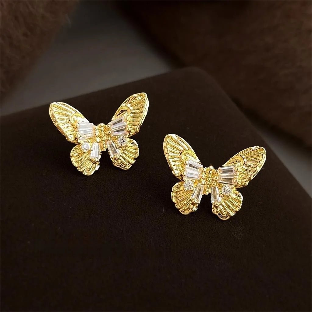 French Vintage Micro Pave Zircon Butterfly Drop Earrings Textured Elegant Jewelry