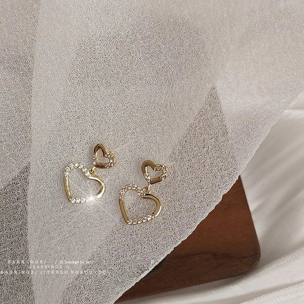 Versatile Copper Micro Pave Zircon Hollow Double Heart Stud Earrings With Silver Plated Pins