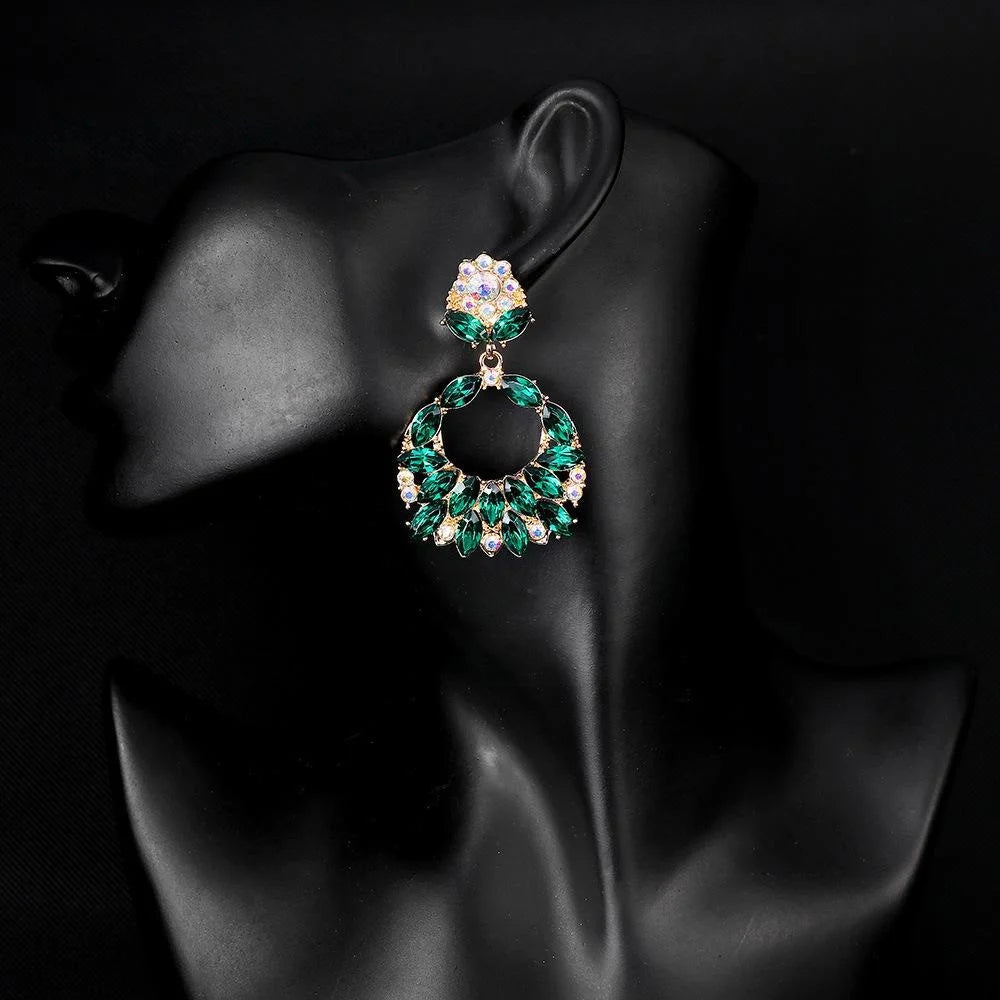 Vintage Geometric Hollow Round Drop Earrings With Green Glass Crystal Rhinestones Alloy For Wedding Party