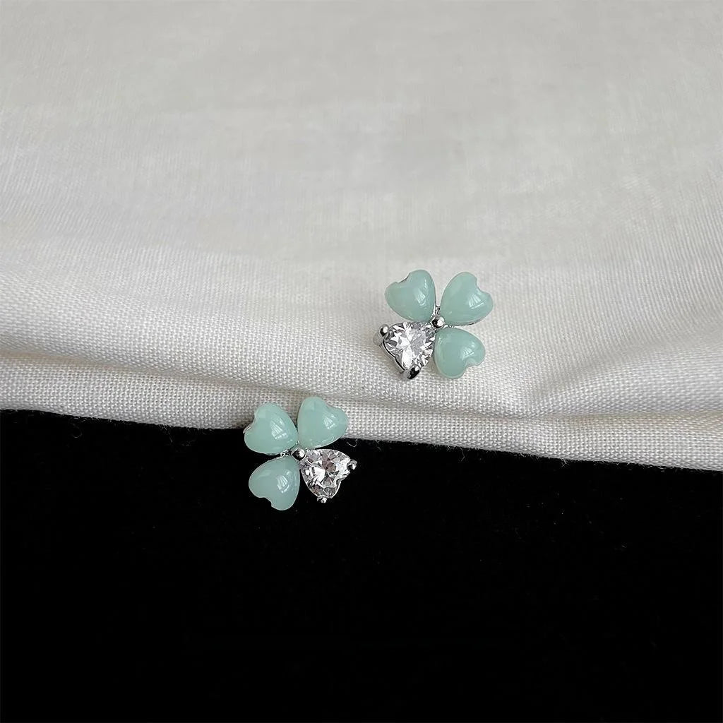 Mint Green Flower Stud Earrings With Zircon Inlay Resin Copper Sweet Fresh Style