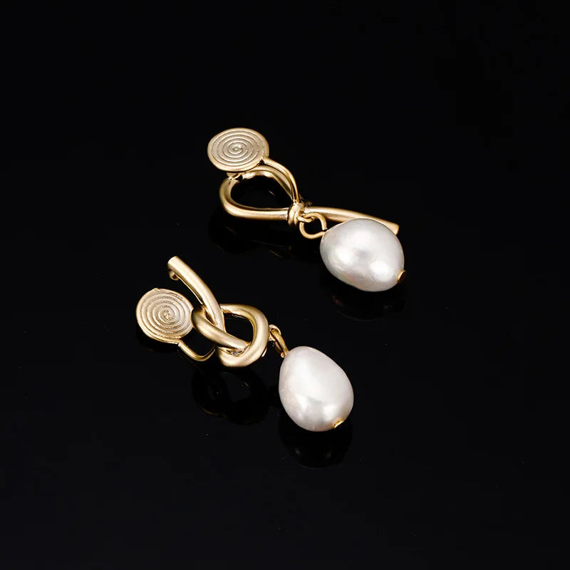 Luxury Elegant Gold Alloy Knot Spiral Baroque Freshwater Pearl Drop Stud & Clip On No Piercing Earrings
