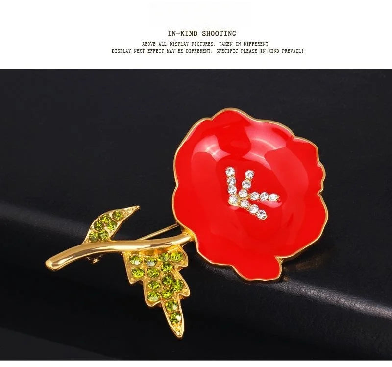 Elegant Red Poppy Flower Enamel Brooch With Rhinestones, Gold Tone Alloy Lapel Pin Corsage Suit Accessory Gift