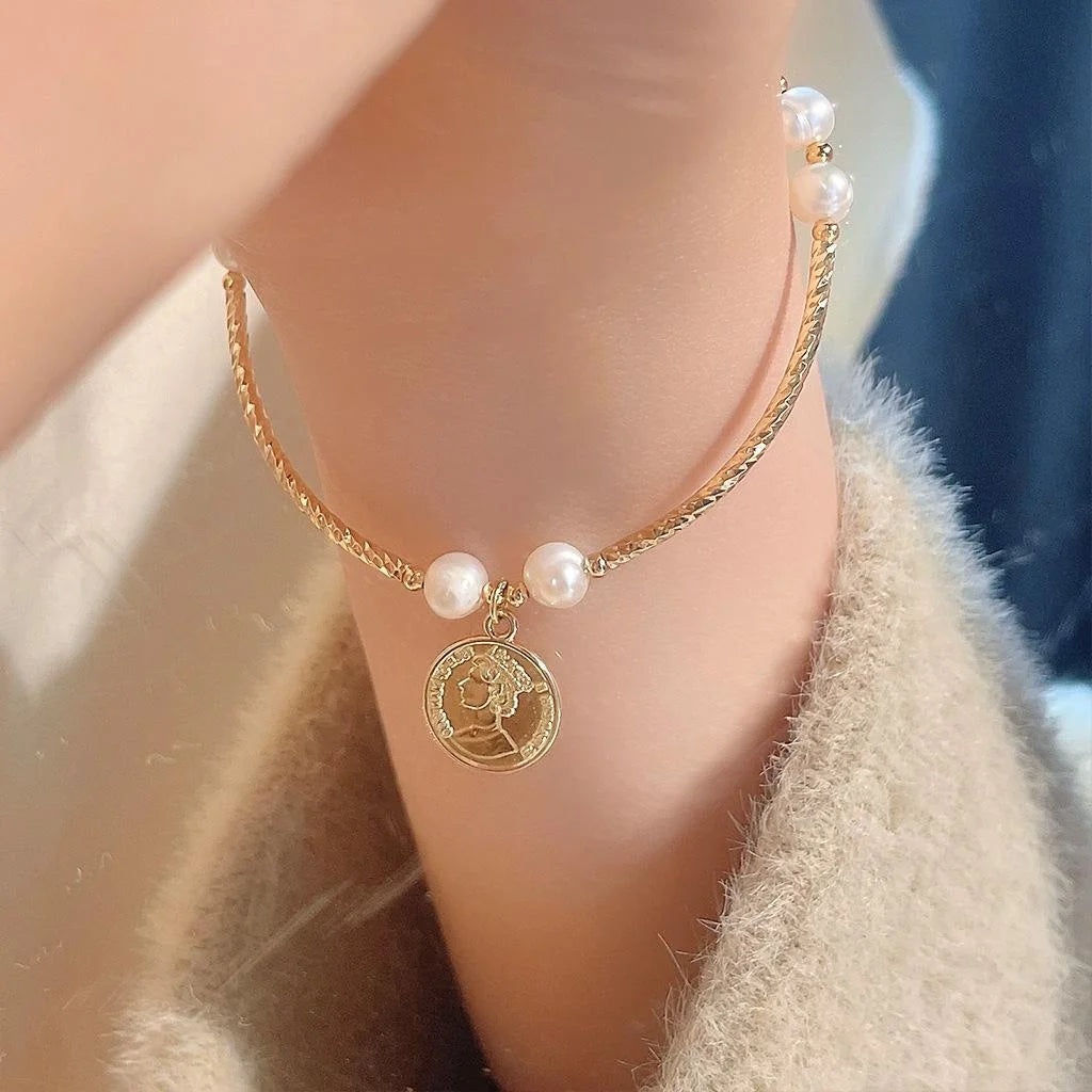 Minimalist Freshwater Pearl 14K Gold Plated Copper Bead Elastic Bracelet For Women