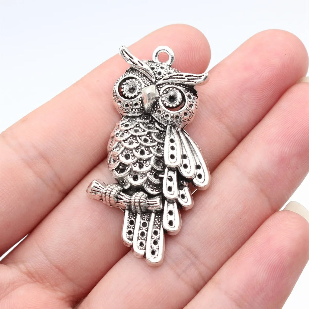 45x24mm 6.6g Antique Silver Zinc Alloy Owl Cat Charm Pendant with Rhinestone Setting for DIY Necklace