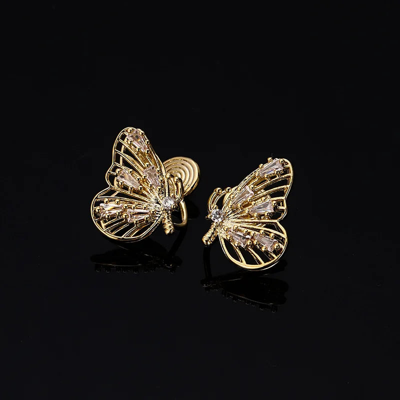 Luxury Gold Tone Alloy Zircon Butterfly Micro Pave Stud & Clip On No Piercing Women's Fashion Earrings