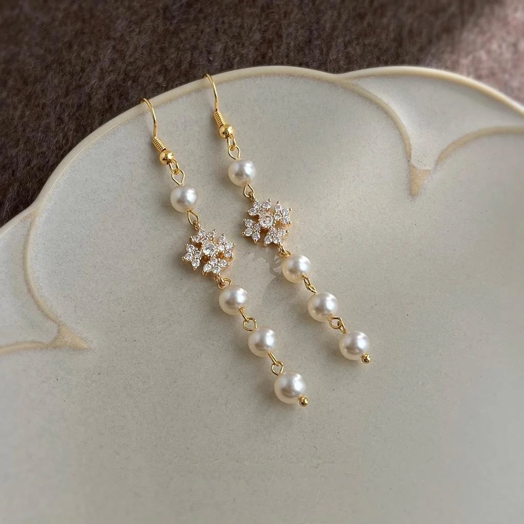 French Style Copper Zircon Micro Pave Glass Pearl Tassel Geometric Drop Earrings