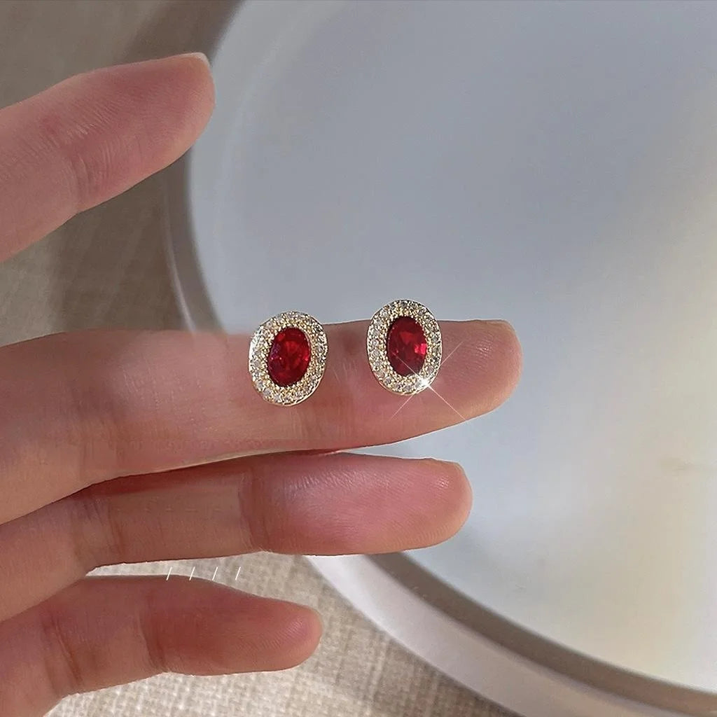 14K Gold Plated Copper Oval Red Zircon Stud Earrings Micro Pave Light Luxury Jewelry
