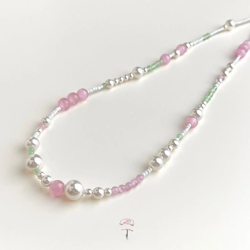 Pink Glass Crystal Cat Eye Stone Geometric Two Way Handmade Sweet Girl Collarbone Necklace