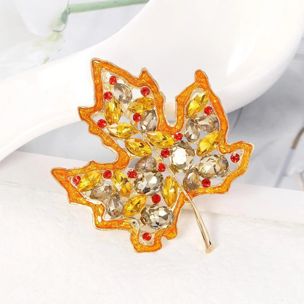 Luxury Enamel Maple Leaf Brooch With Rhinestone Crystals, Elegant Lapel Pin Corsage Suit Accessory Gift