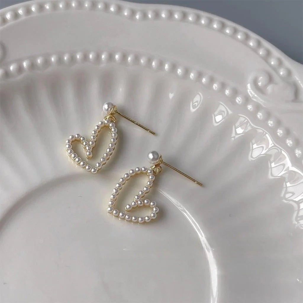 14K Gold Plated Copper Pearl Hollow Heart Stud Earrings Sweet Fresh Korean Style