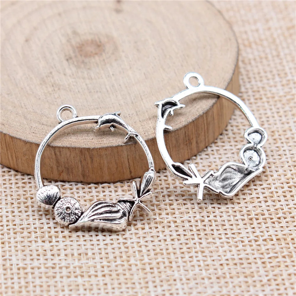 29x25mm 1.98g Antique Silver Zinc Alloy Conch Starfish Shell Round Ring Charm Pendant for DIY Jewelry