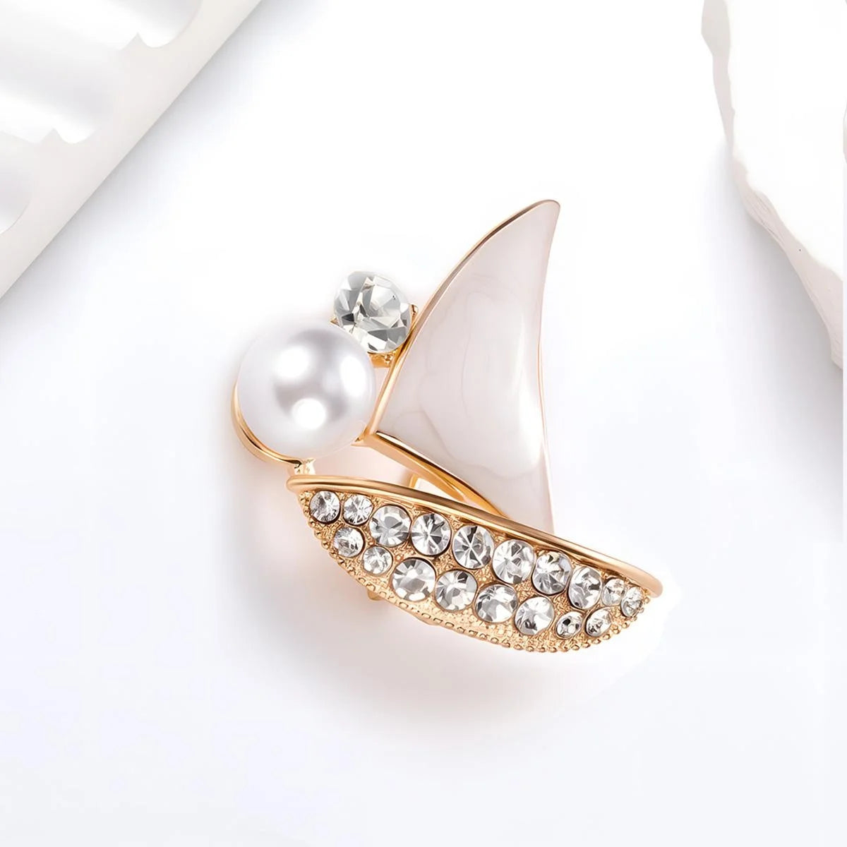 Elegant Nautical Enamel Sailboat Brooch With Rhinestones And Pearl, Alloy Lapel Pin Suit Accessory Gift