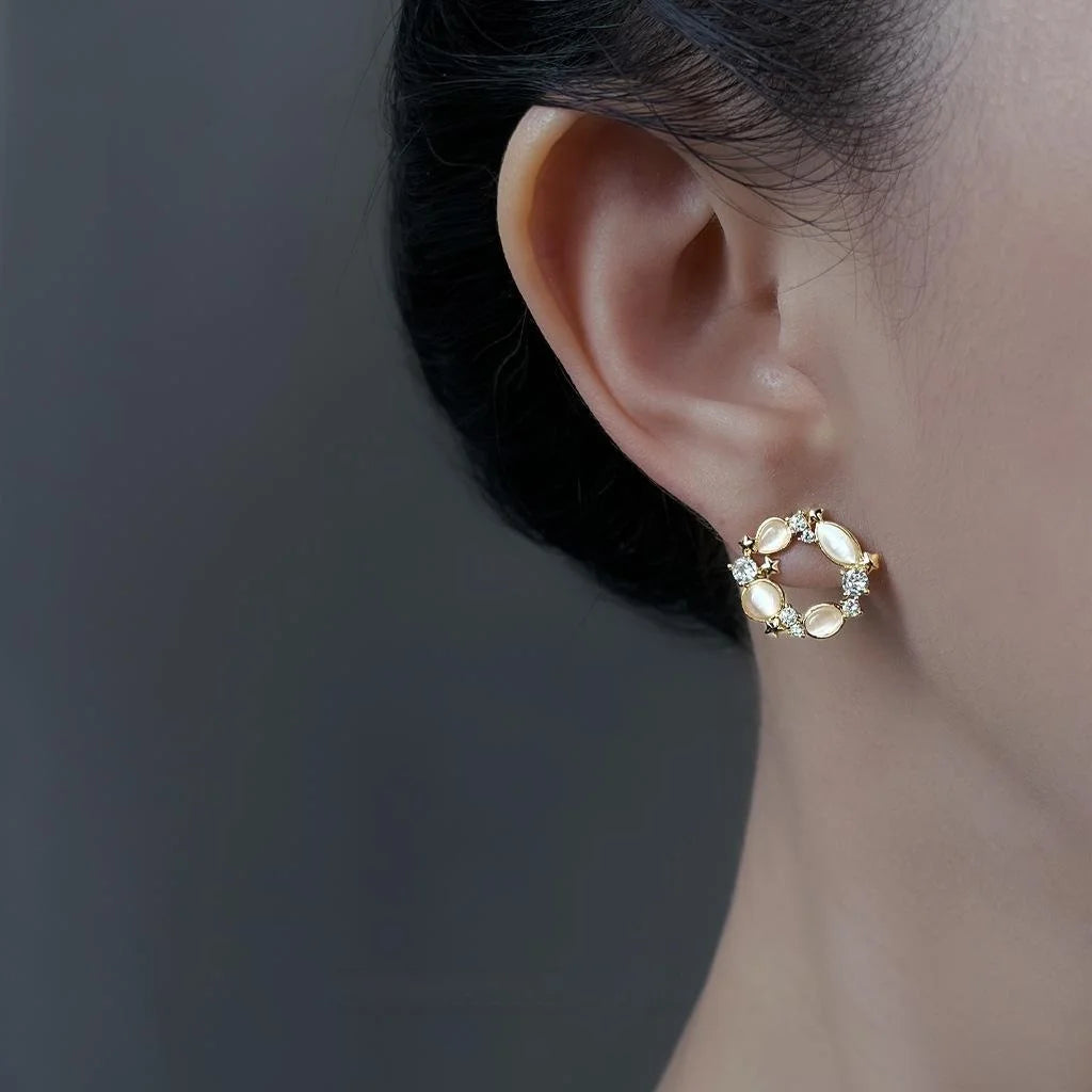 14K Plated Eco Copper Glass Cat Eye Flower Stud Earrings Micro Pave Zircon Light Luxury Jewelry