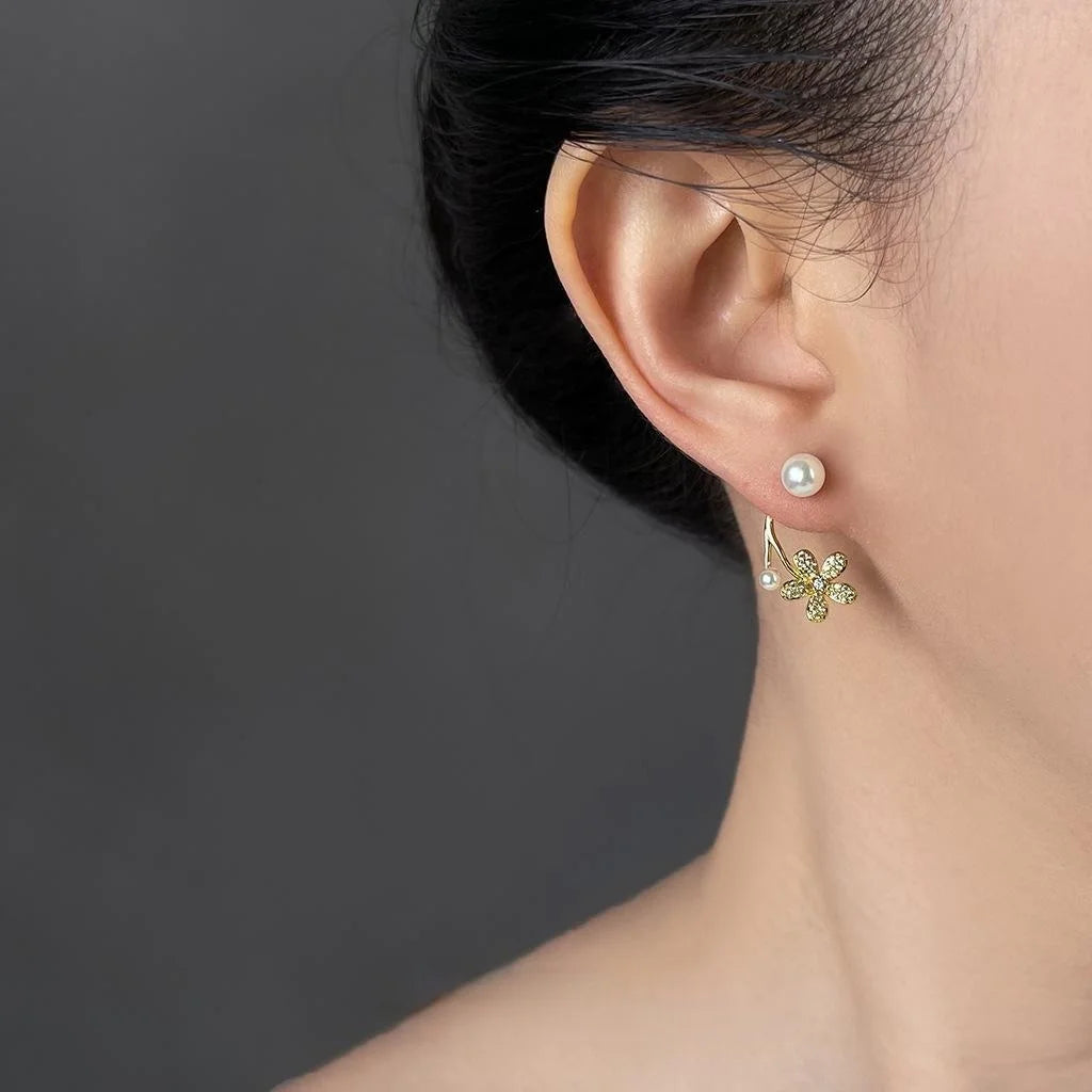 Sweet 14K Gold Plated Copper Pearl Flower Stud Earrings With Micro Pave Zircon