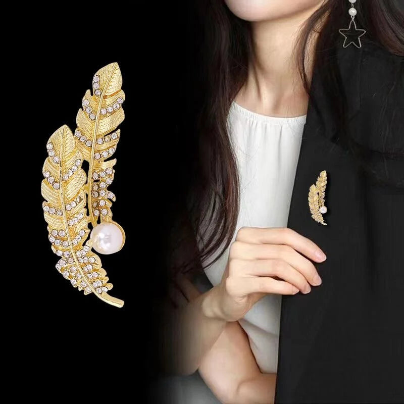 Elegant Gold Feather Leaf Brooch With Pearl And Rhinestone, Luxury Women's Lapel Pin Suit Accessory