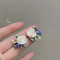 Forest Style Silver Plated Pin Ceramic Flower Stud Earrings Fresh Sweet Blue Floral Petal Design