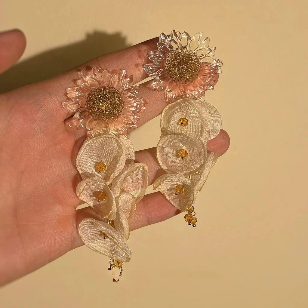 Fairy Style Sunflower Mesh Lace Long Tassel Drop Earrings For Vacation Wear