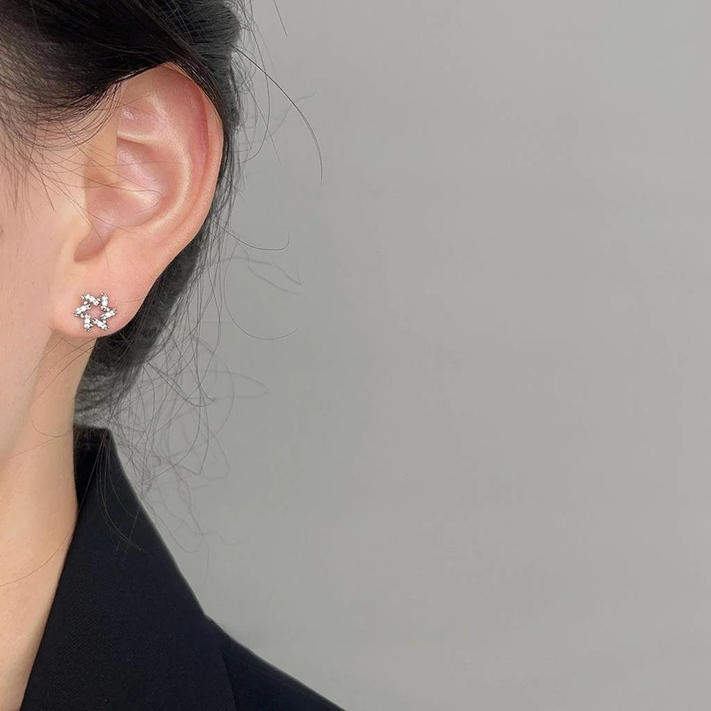 Premium 18K Gold Plated Copper Star Stud Earrings With Micro Pave Zircon Hollow Floral Design